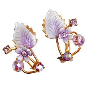 Vintage Austria Purple Floral Clip On Earrings AB Rhinestone Beads Gold Tone